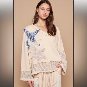 POL Cream and Blue Star Patchwork Top